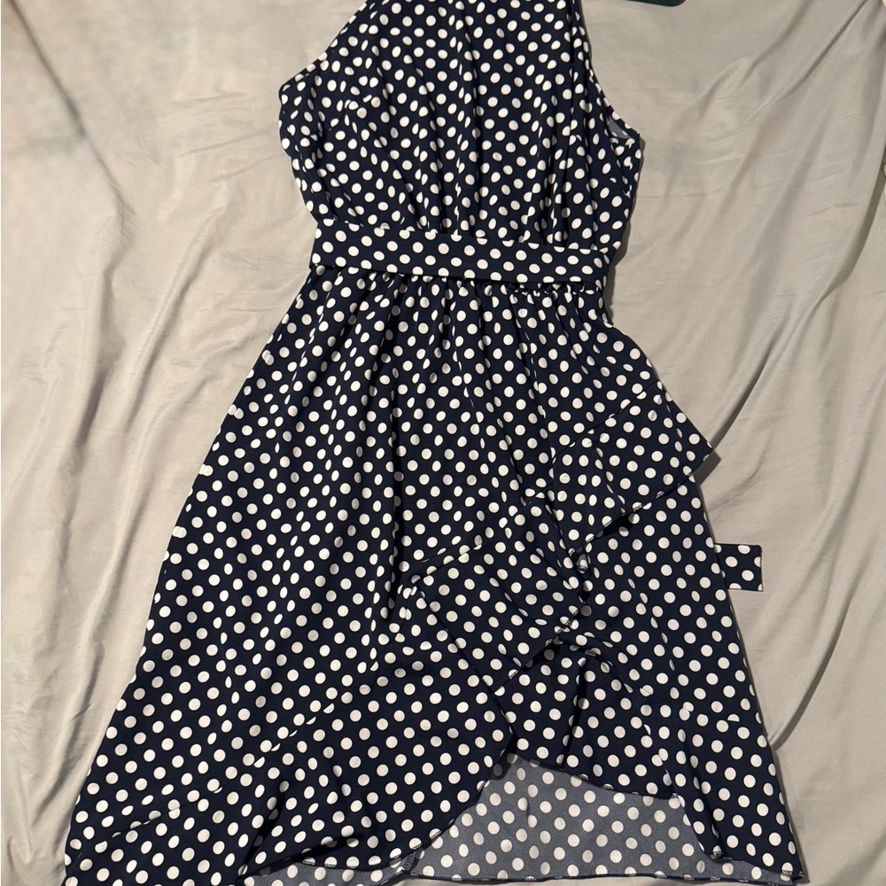 Chic Asymmetrical Navy Polka Dot Dress